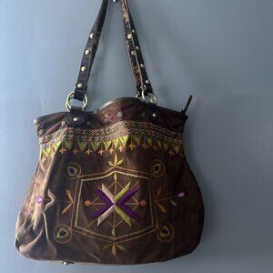 Original by Sharif Brown Suede Embroidered Leather Handbag Tote Bag Designer